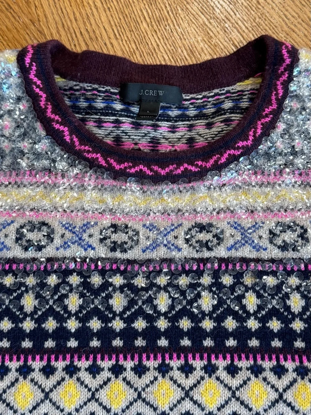 J. Crew Fair Isle Crewneck Sweater in Burgundy, Pink and Yellow